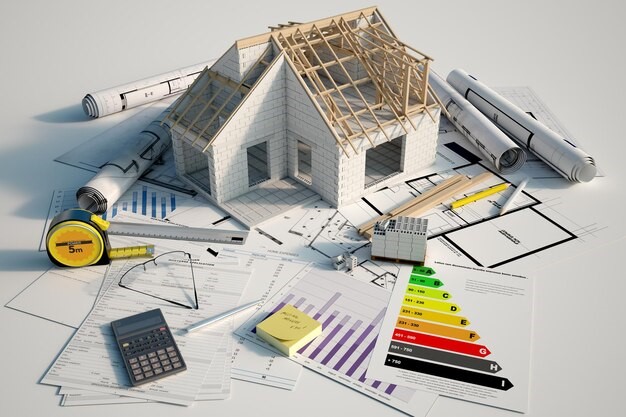 Image représentant une maison en travaux avec des critères énergétique