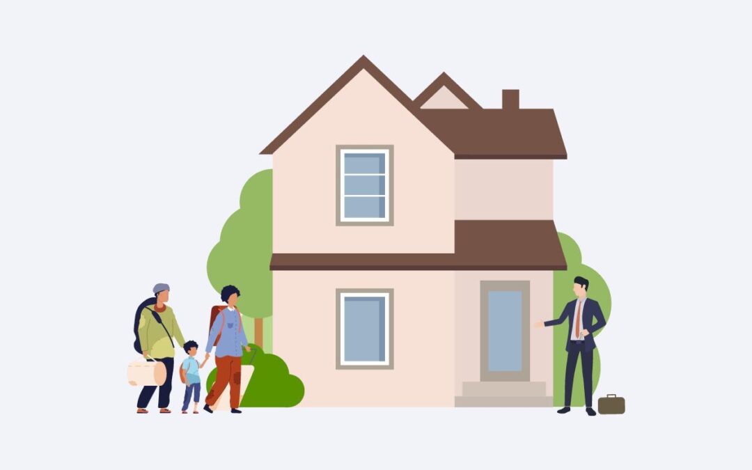 Illustration sur fond blanc, représentant une maison avec des individus (famille) et un agent immobilier