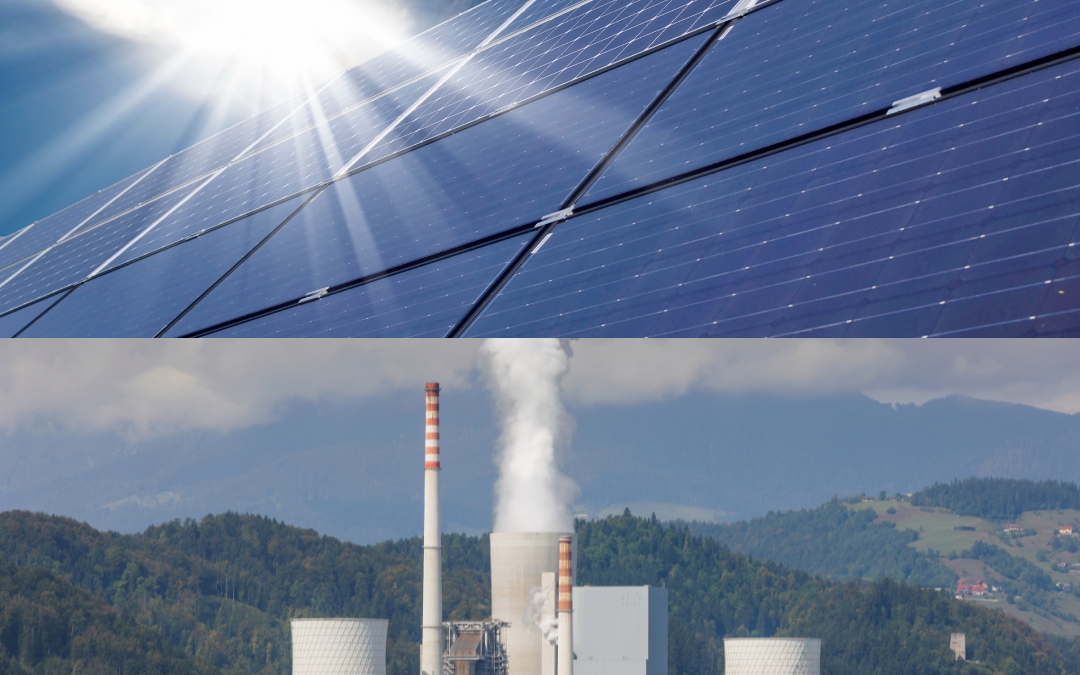 2 photos superposées ensemble, l'une représente des panneaux photovoltaïques et l'autre représente une centrale géothermique