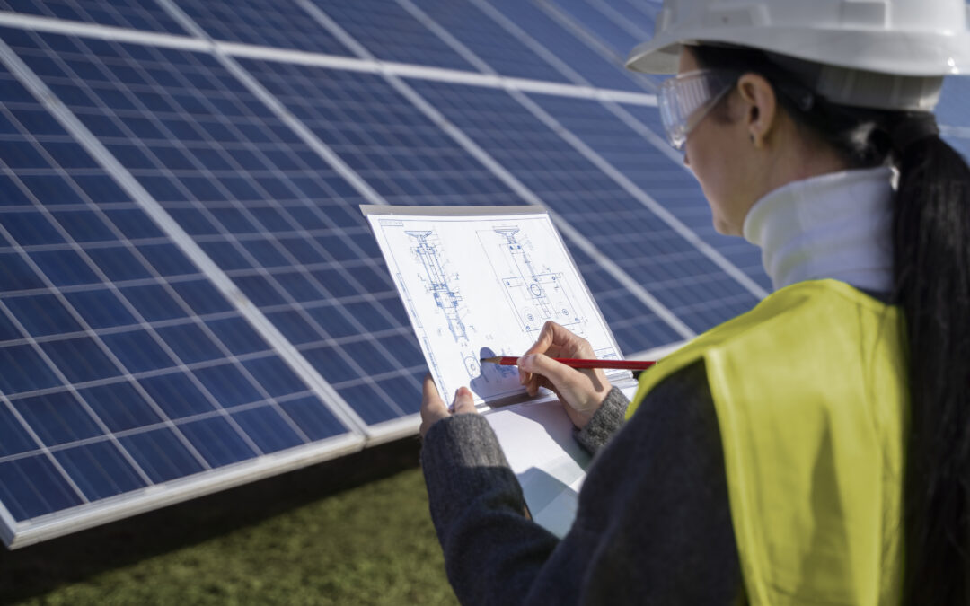 Femme ingénieur se tenant devant des panneaux solaires